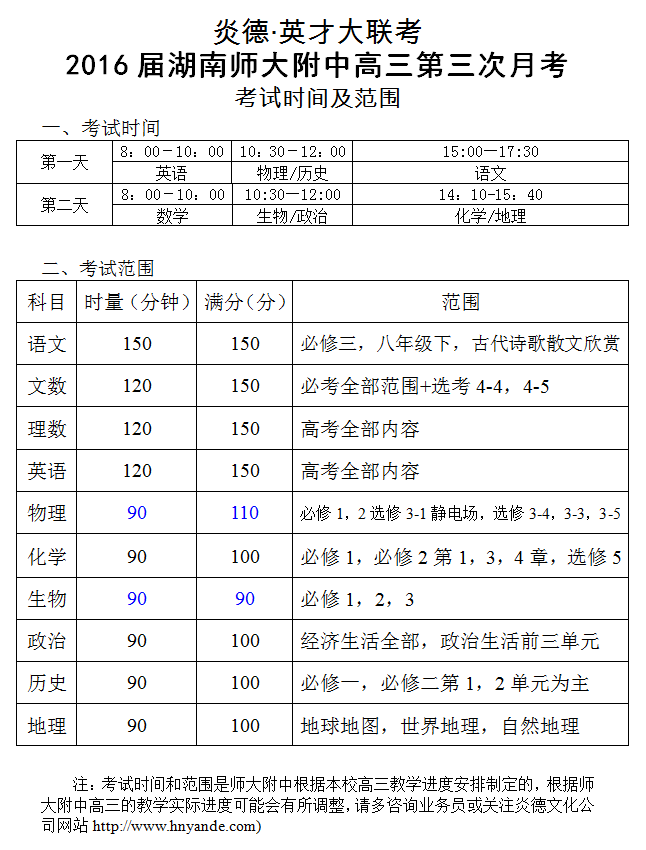 炎德英才大聯考湖南師大附中2016屆高三第3次月考考試范圍